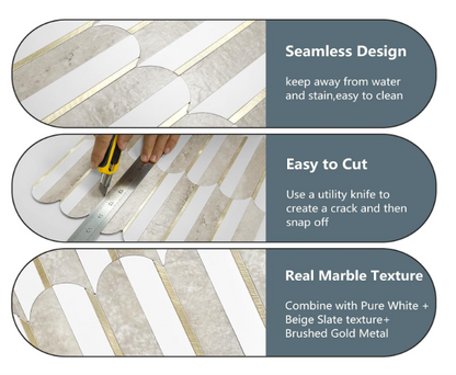 Peel & Stick Fish Scale Backsplash Tiles – White & Beige Slate with Light Gold PVC Mosaic, 10 Sheets for Kitchen & Bathroom