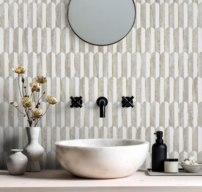 Peel & Stick Fish Scale Backsplash Tiles – White & Beige Slate with Light Gold PVC Mosaic, 10 Sheets for Kitchen & Bathroom