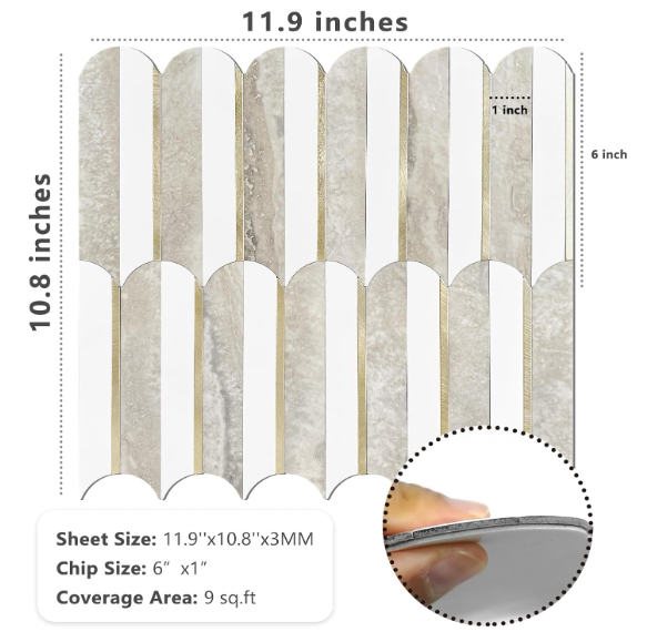Peel & Stick Fish Scale Backsplash Tiles – White & Beige Slate with Light Gold PVC Mosaic, 10 Sheets for Kitchen & Bathroom