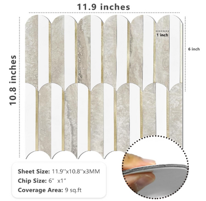 Peel & Stick Fish Scale Backsplash Tiles – White & Beige Slate with Light Gold PVC Mosaic, 10 Sheets for Kitchen & Bathroom