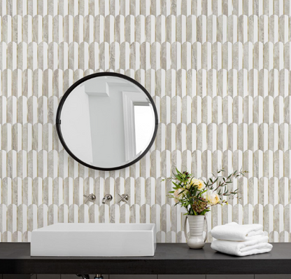 Peel & Stick Fish Scale Backsplash Tiles – White & Beige Slate with Light Gold PVC Mosaic, 10 Sheets for Kitchen & Bathroom