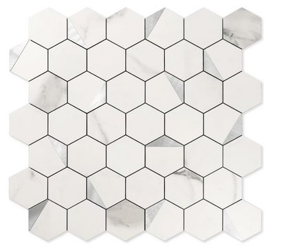 Hexagon Peel & Stick Backsplash Tiles – 12” Gray White Marble PVC, 10 Sheets, Waterproof & Heat Resistant for Kitchen & Bathroom