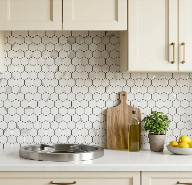 Hexagon Peel & Stick Backsplash Tiles – 12” Gray White Marble PVC, 10 Sheets, Waterproof & Heat Resistant for Kitchen & Bathroom