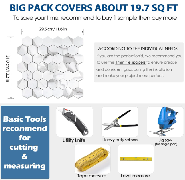 Hexagon Peel & Stick Backsplash Tiles – 12” Gray White Marble PVC, 10 Sheets, Waterproof & Heat Resistant for Kitchen & Bathroom