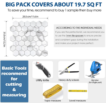 Hexagon Peel & Stick Backsplash Tiles – 12” Gray White Marble PVC, 10 Sheets, Waterproof & Heat Resistant for Kitchen & Bathroom