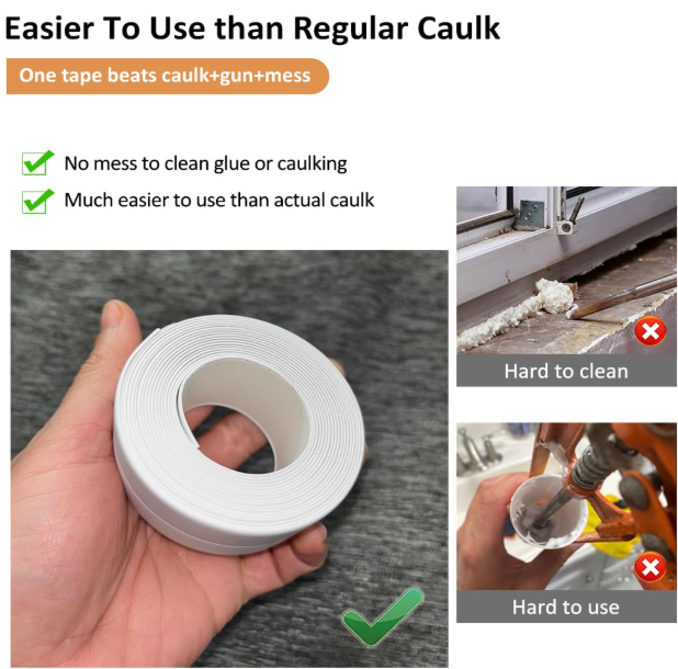 White Caulk Tape – Self-Adhesive Waterproof Peel & Stick Strip for Bathroom, Tub, Toilet & Shower