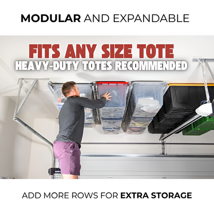 Tote Slide Pro Adjustable Rails – Organize 12–15 Storage Totes, Heavy-Duty Overhead System