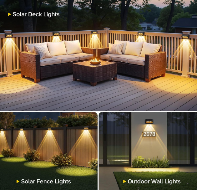 Solar Fence Lights Outdoor – 2 Modes (3500K/6000K), Super Bright LED, IP65 Waterproof Deck Lights for Patio, Stairs & Wall (6 Pack)