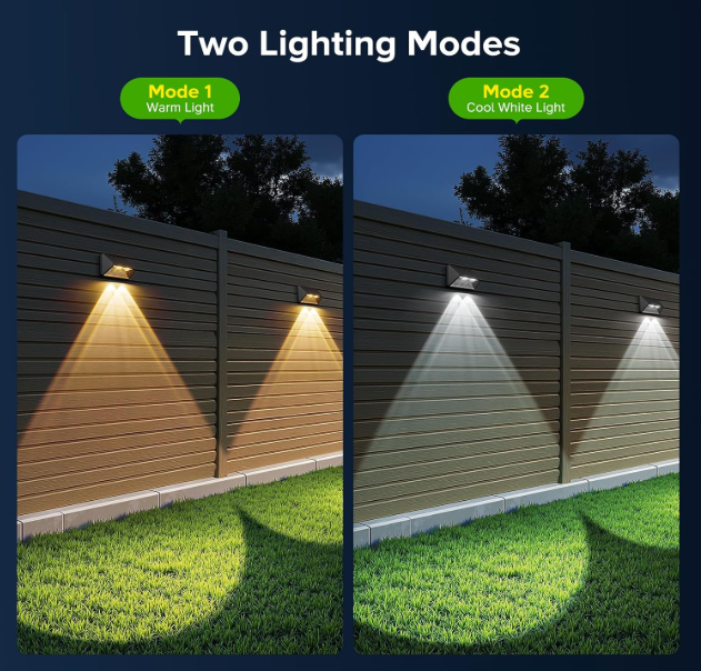 Solar Fence Lights Outdoor – 2 Modes (3500K/6000K), Super Bright LED, IP65 Waterproof Deck Lights for Patio, Stairs & Wall (6 Pack)