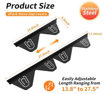 Stainless Steel Stove Gap Covers (2 Pack) – Adjustable 13.8”–27.5”, Heat Resistant Range Gap Filler for Kitchen Counter