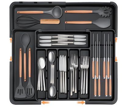 Expandable Silverware Organizer for Kitchen Drawer – Large Utensil Tray with 2 Removable Knife Blocks, 22” x 19”, 6–9 Slots