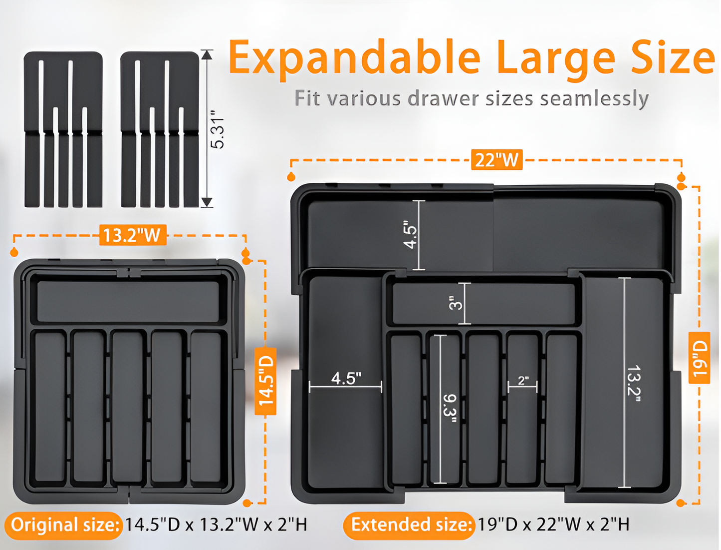 Expandable Silverware Organizer for Kitchen Drawer – Large Utensil Tray with 2 Removable Knife Blocks, 22” x 19”, 6–9 Slots