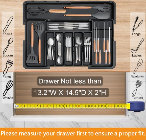 Expandable Silverware Organizer for Kitchen Drawer – Large Utensil Tray with 2 Removable Knife Blocks, 22” x 19”, 6–9 Slots