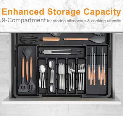 Expandable Silverware Organizer for Kitchen Drawer – Large Utensil Tray with 2 Removable Knife Blocks, 22” x 19”, 6–9 Slots