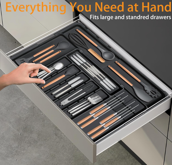 Expandable Silverware Organizer for Kitchen Drawer – Large Utensil Tray with 2 Removable Knife Blocks, 22” x 19”, 6–9 Slots