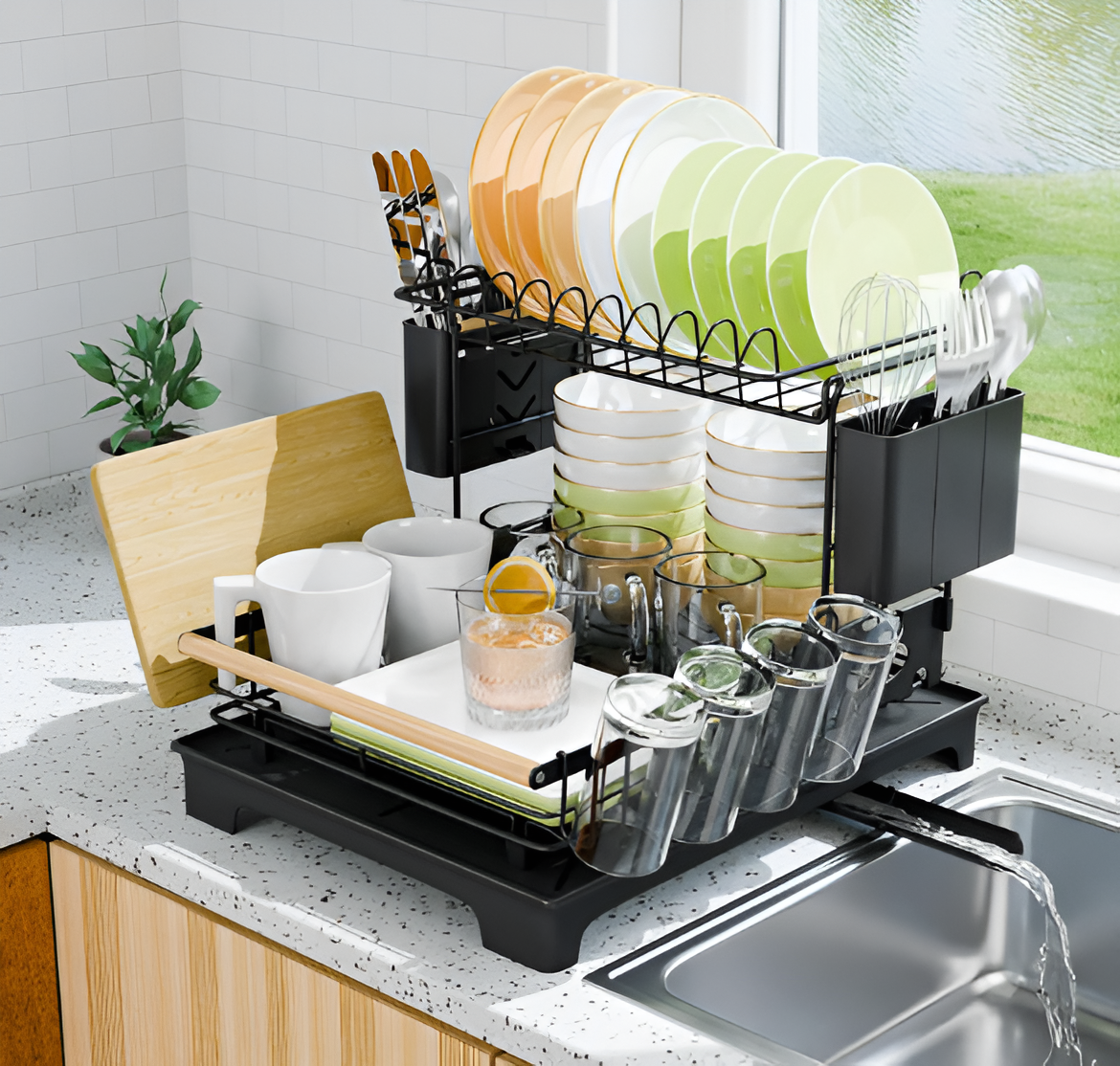 2 Tier Dish Drying Rack with Drainboard – Rustproof Dish Drainer for Kitchen Counter, 2-Level Dish Rack with Utensil Holder & Cup Holder, Space Saving Kitchen Organizer Black