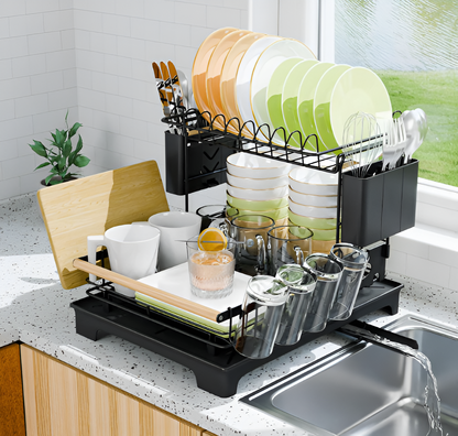 2 Tier Dish Drying Rack with Drainboard – Rustproof Dish Drainer for Kitchen Counter, 2-Level Dish Rack with Utensil Holder & Cup Holder, Space Saving Kitchen Organizer Black