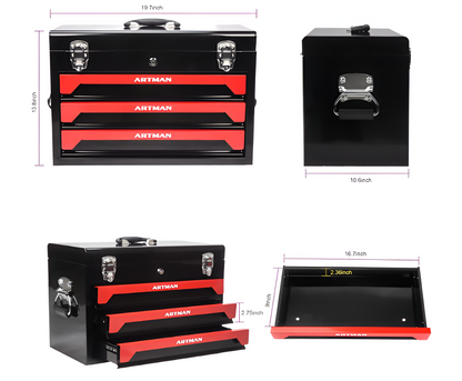 439 Piece Mechanics Tool Set with 3 Drawer Heavy Duty Metal Box – Professional Auto Repair Tool Kit, Complete Household & Garage Tool Set, Portable Organizer Case Red & Black