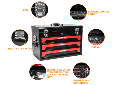 439 Piece Mechanics Tool Set with 3 Drawer Heavy Duty Metal Box – Professional Auto Repair Tool Kit, Complete Household & Garage Tool Set, Portable Organizer Case Red & Black