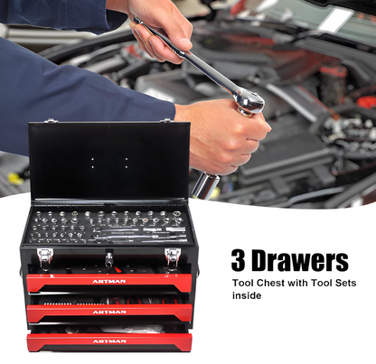 439 Piece Mechanics Tool Set with 3 Drawer Heavy Duty Metal Box – Professional Auto Repair Tool Kit, Complete Household & Garage Tool Set, Portable Organizer Case Red & Black