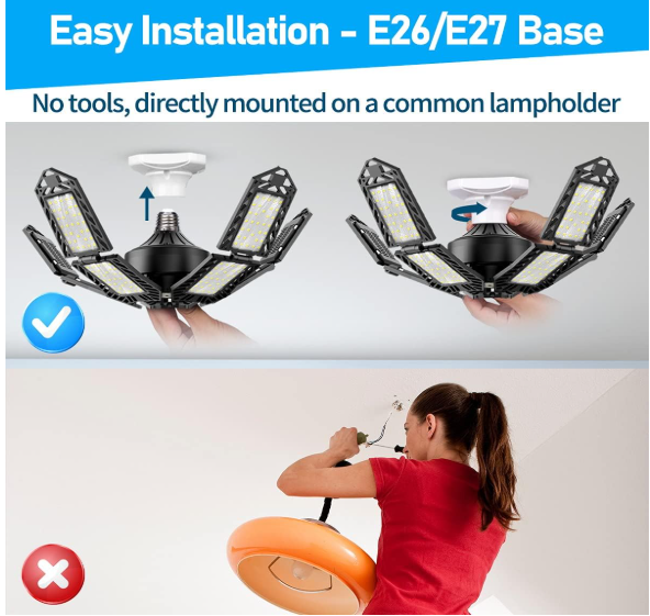 2 Pack LED Garage Lights 180W – 10-Leaf Adjustable Ceiling Lamp, 18000LM, 6500K