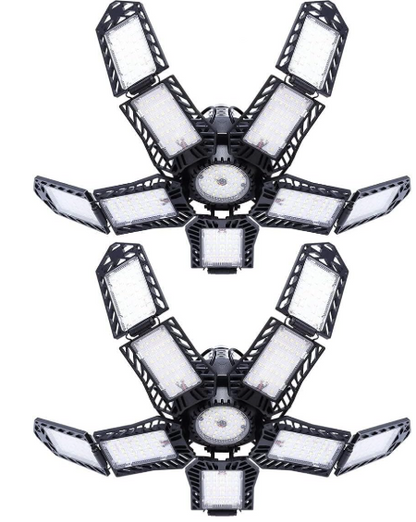 2 Pack LED Garage Lights 180W – 10-Leaf Adjustable Ceiling Lamp, 18000LM, 6500K