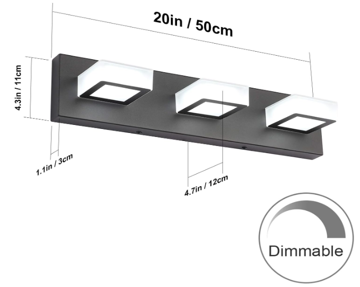 3-Light Dimmable LED Bathroom Vanity Light – Modern Matte Black with Acrylic & Stainless Steel
