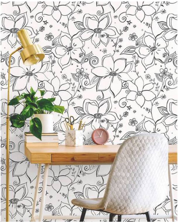 Linework Floral Black Vinyl Peelable Roll (Covers 30.75 Sq. Ft.)