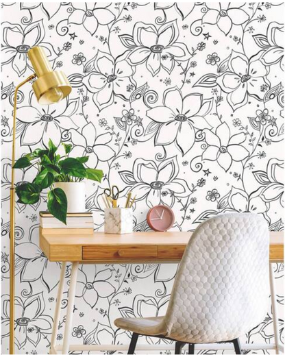 Linework Floral Black Vinyl Peelable Roll (Covers 30.75 Sq. Ft.)