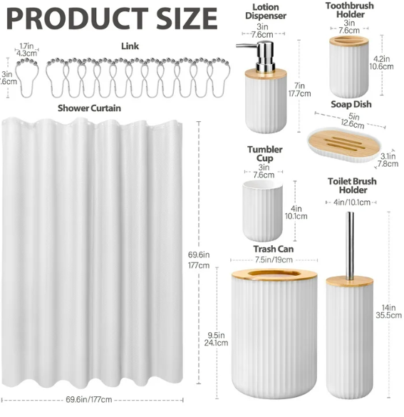 19-Piece Compact White Bathroom Accessories Set – Shower Curtain & Organization Kit for Small Bathrooms