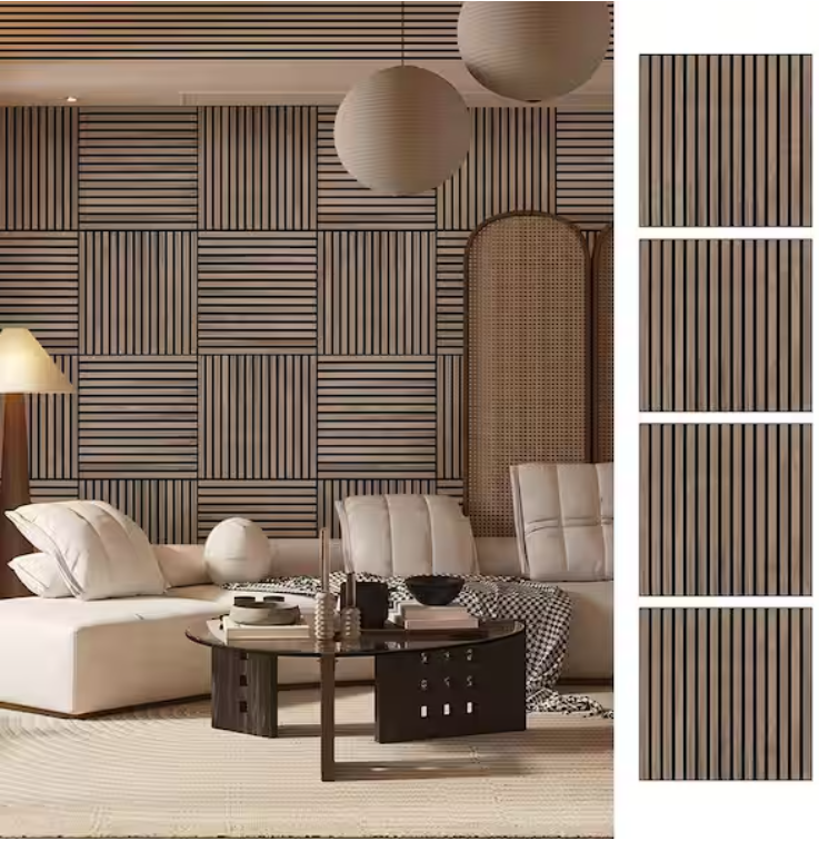 Natural Wood Slat Acoustic Panels – 0.7" x 2'x2', Yellow MDF Decorative Wall Panels, 4-Piece Set