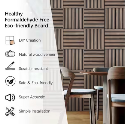 Natural Wood Slat Acoustic Panels – 0.7" x 2'x2', Yellow MDF Decorative Wall Panels, 4-Piece Set