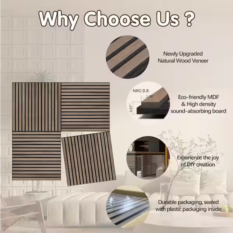 Natural Wood Slat Acoustic Panels – 0.7" x 2'x2', Yellow MDF Decorative Wall Panels, 4-Piece Set