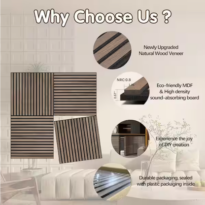 Natural Wood Slat Acoustic Panels – 0.7" x 2'x2', Yellow MDF Decorative Wall Panels, 4-Piece Set