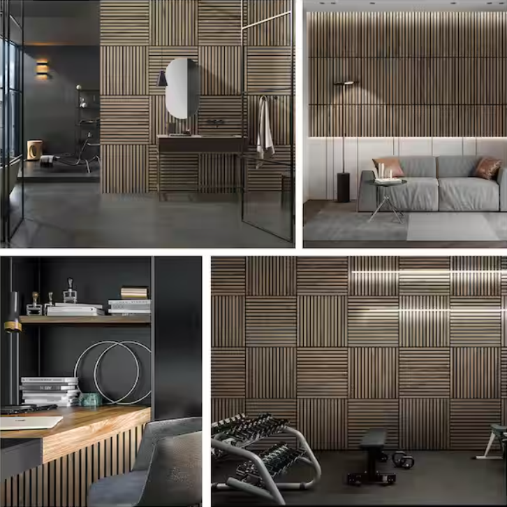 Natural Wood Slat Acoustic Panels – 0.7" x 2'x2', Yellow MDF Decorative Wall Panels, 4-Piece Set