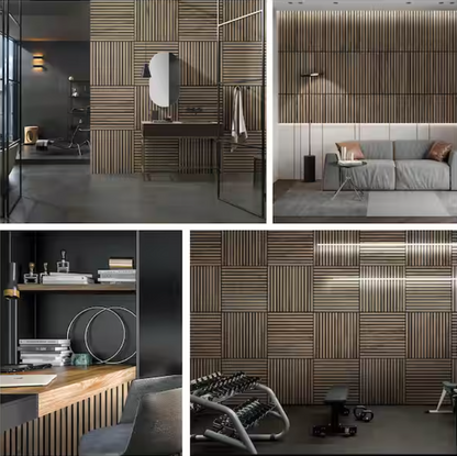 Natural Wood Slat Acoustic Panels – 0.7" x 2'x2', Yellow MDF Decorative Wall Panels, 4-Piece Set