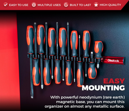 Magnetic Screwdriver Organizer for Tools – Holds 16 Screwdrivers | Heavy Duty Red Tool Holder