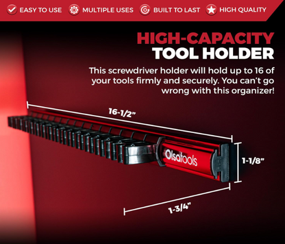 Magnetic Screwdriver Organizer for Tools – Holds 16 Screwdrivers | Heavy Duty Red Tool Holder