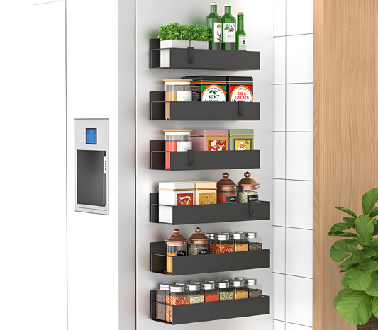 6 Pack Magnetic Spice Rack Organizer for Refrigerator & Oven – Black Magnetic Kitchen Storage Shelves, Space Saving Fridge Organizer for Spices & Seasonings