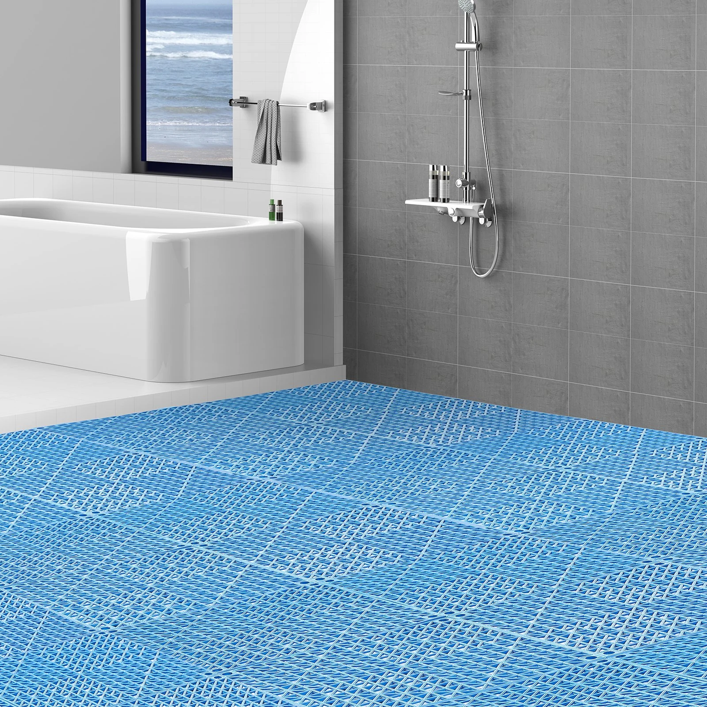 Interlocking Drainage Tiles – 55PCS Blue PVC Non-Slip Floor Set - VEVOR 12” x 12”