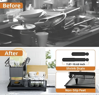 2 Tier Dish Drying Rack with Drainboard – Rustproof Dish Drainer for Kitchen Counter, 2-Level Dish Rack with Utensil Holder & Cup Holder, Space Saving Kitchen Organizer Black