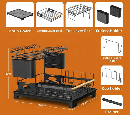 2 Tier Dish Drying Rack with Drainboard – Rustproof Dish Drainer for Kitchen Counter, 2-Level Dish Rack with Utensil Holder & Cup Holder, Space Saving Kitchen Organizer Black