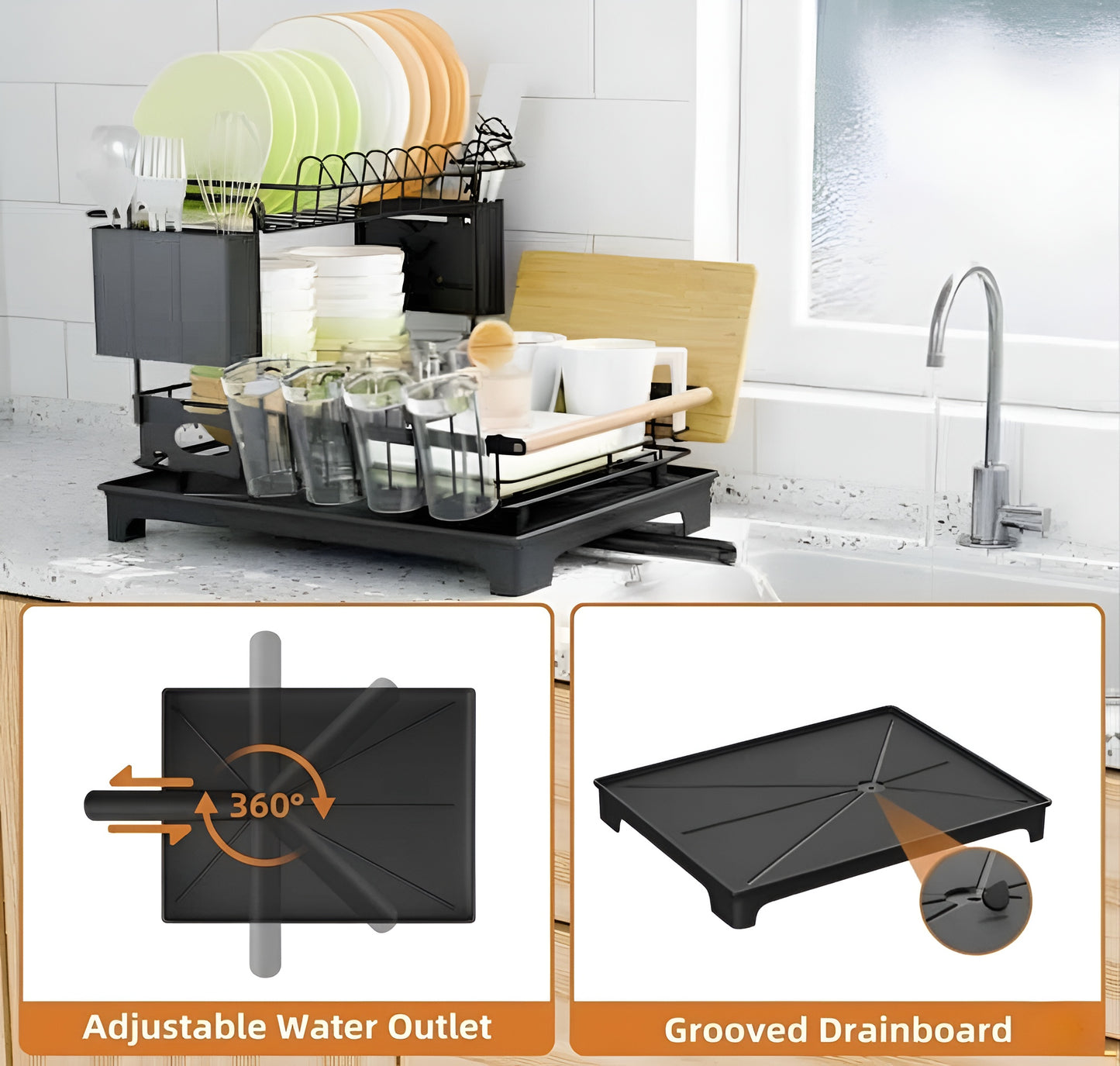 2 Tier Dish Drying Rack with Drainboard – Rustproof Dish Drainer for Kitchen Counter, 2-Level Dish Rack with Utensil Holder & Cup Holder, Space Saving Kitchen Organizer Black