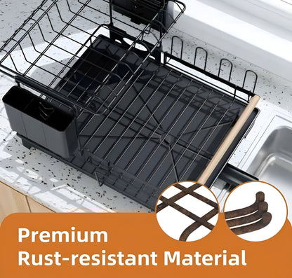 2 Tier Dish Drying Rack with Drainboard – Rustproof Dish Drainer for Kitchen Counter, 2-Level Dish Rack with Utensil Holder & Cup Holder, Space Saving Kitchen Organizer Black