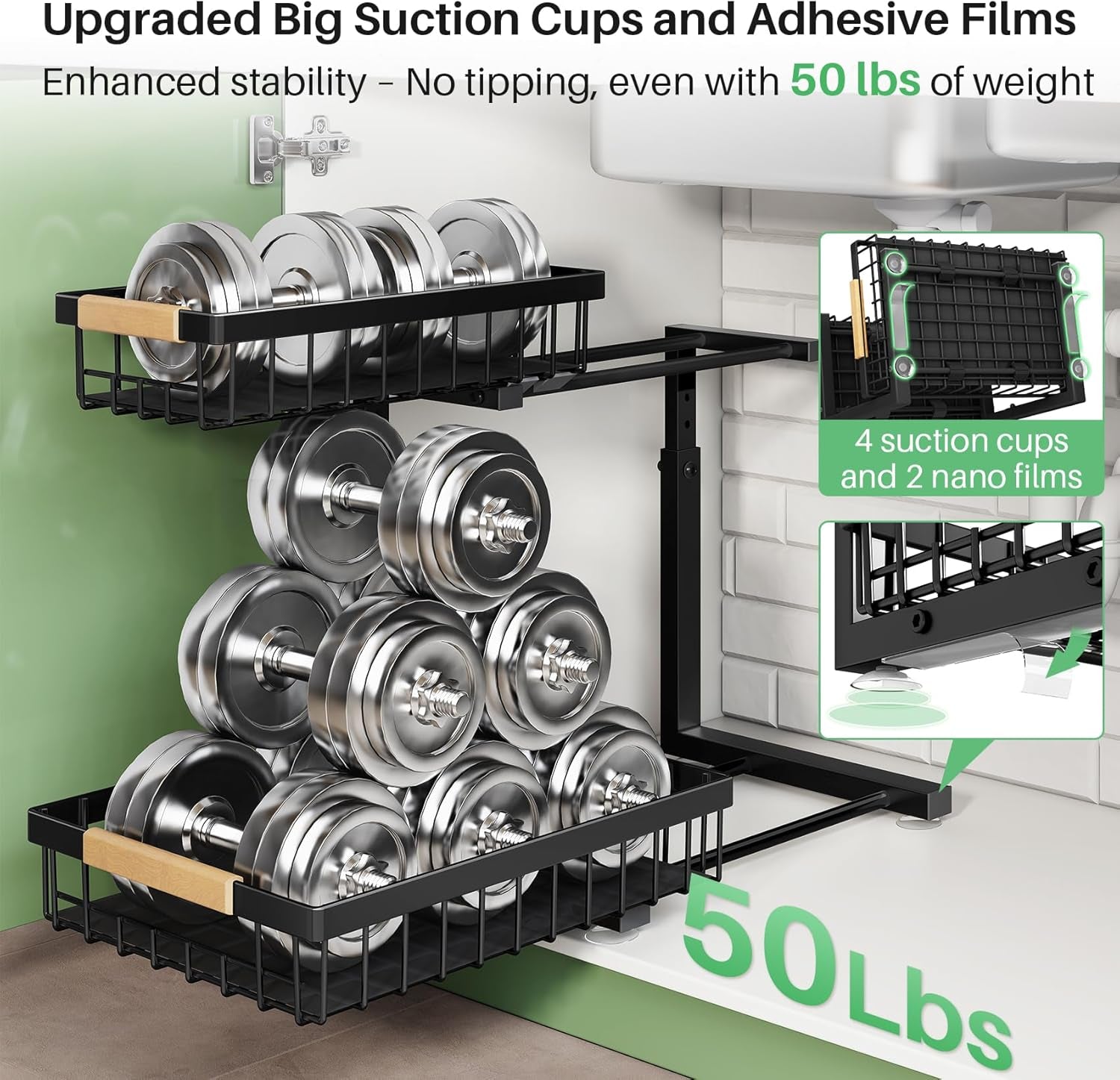 Under Sink Cabinet Organizer – 2-Tier Sliding Drawer, Black, 2 Pack