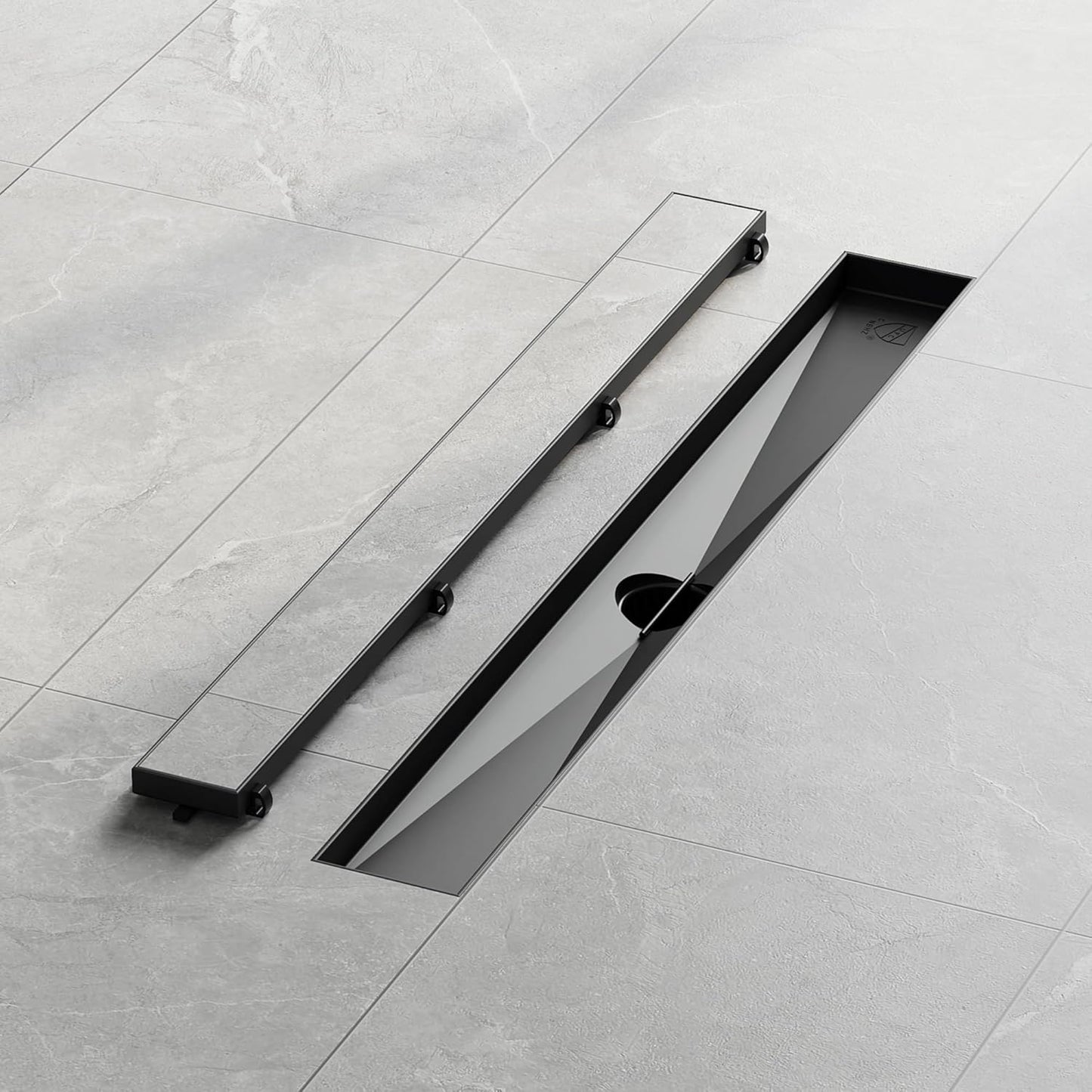 24-Inch Linear Shower Drain,With 2-In-1 Flat & Tile Insert Shiny Black Cover, Rectangle Shower Floor Drain, Floor Shower Drain with Adjustable Leveling Feet, Hair Strainer