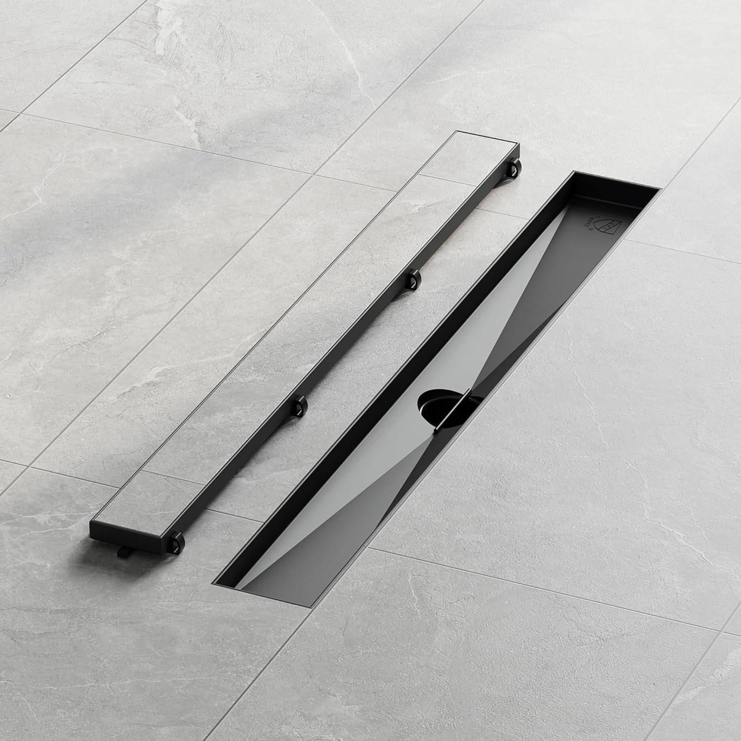 24-Inch Linear Shower Drain,With 2-In-1 Flat & Tile Insert Shiny Black Cover, Rectangle Shower Floor Drain, Floor Shower Drain with Adjustable Leveling Feet, Hair Strainer