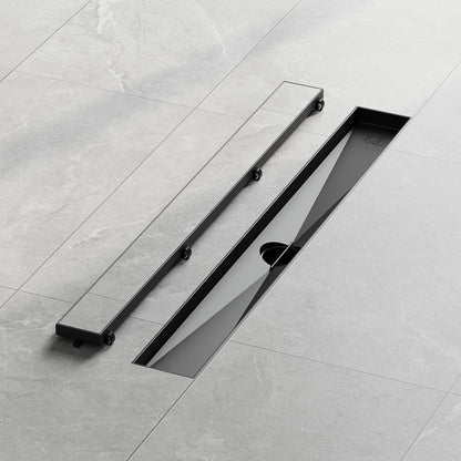 24-Inch Linear Shower Drain,With 2-In-1 Flat & Tile Insert Shiny Black Cover, Rectangle Shower Floor Drain, Floor Shower Drain with Adjustable Leveling Feet, Hair Strainer