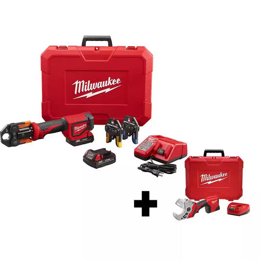 Milwaukee M18 18V Cordless PEX Press Tool Kit with M12 PVC Shear – Lithium-Ion Short Throw Combo