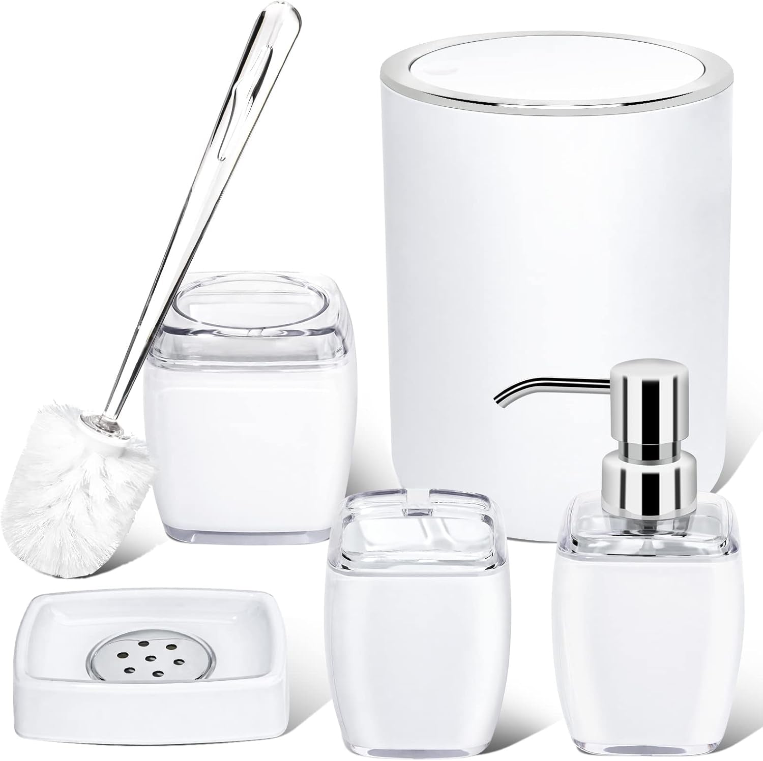 6 Pack White Acrylic Bathroom Accessories Set, Premium Acrylic Bathroom Set, White Toothbrush Holder Set